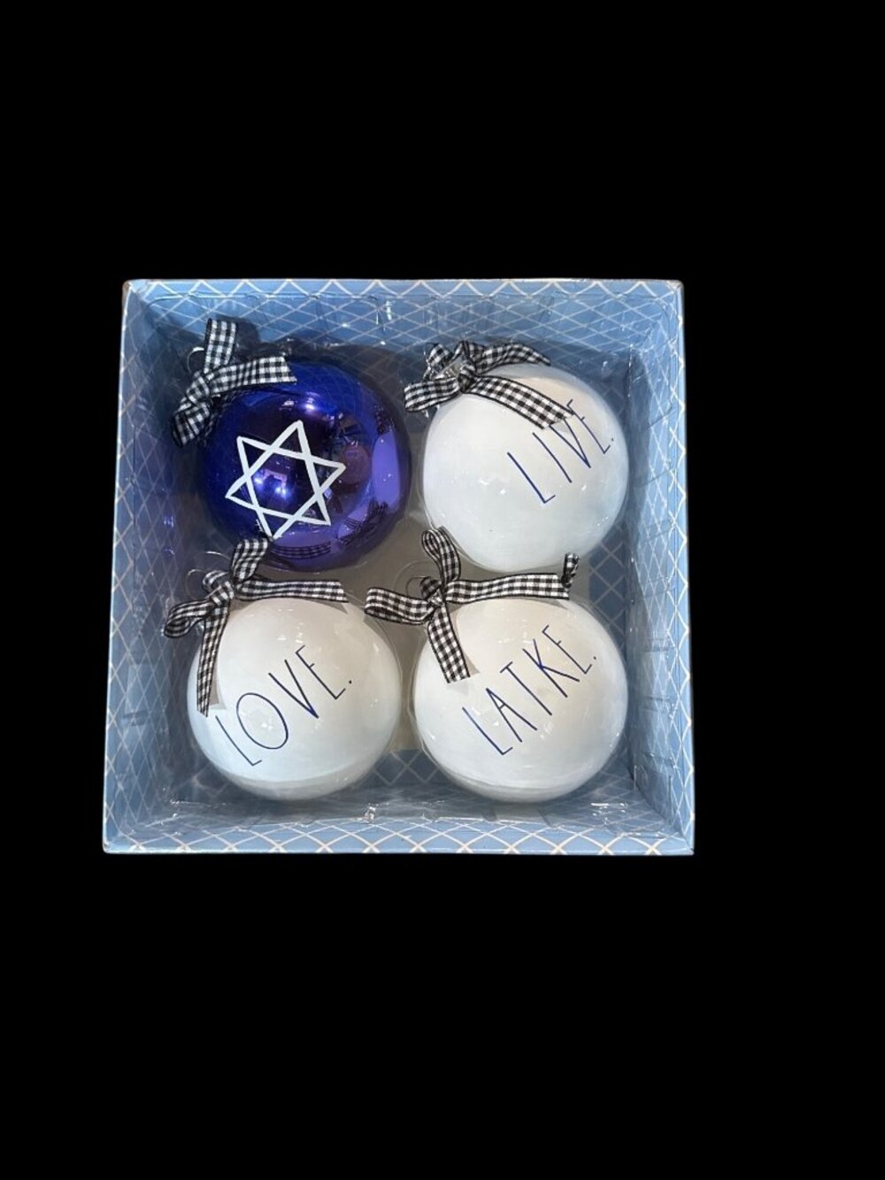 Rae Dunn Hanukkah Glass Ornaments Large Blue & White Balls, Set New in Box